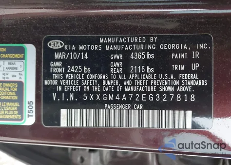 2014 Kia Optima Lx z USA, uszkodzony, nr VIN 5XXGM4A72EG327818